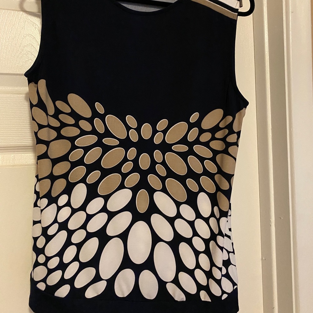 Flattering navy print top, sleeveless dressy, office wear, Lavena size L